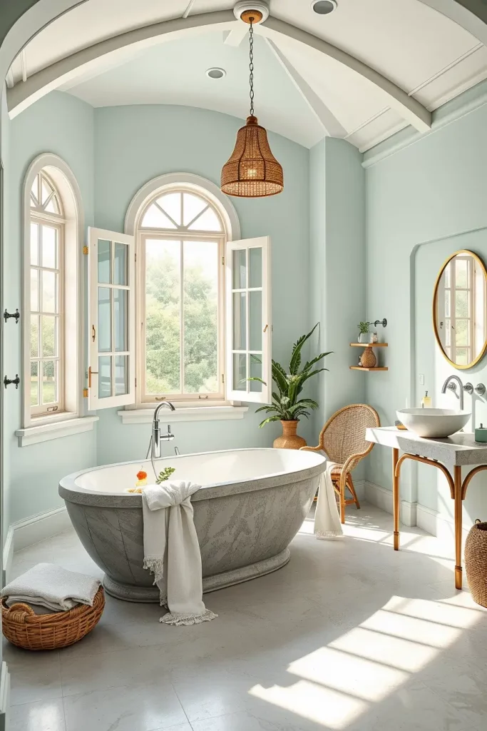 Bathroom with microcement floor and wicker chair