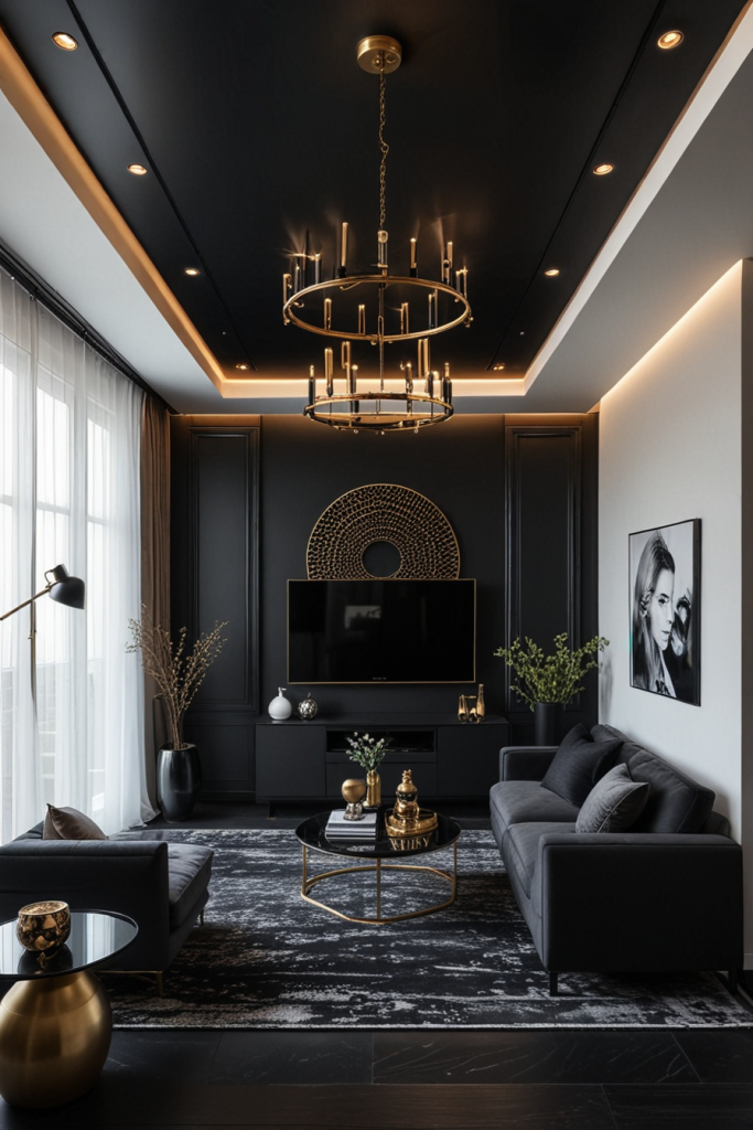Metallic accents in black room