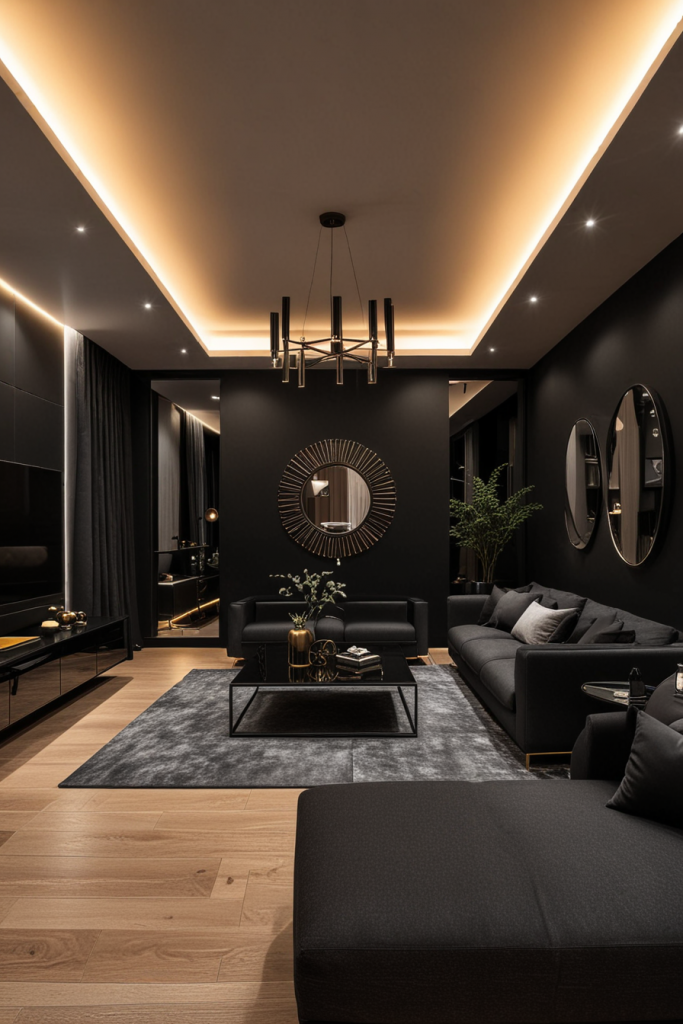 Maximized small living room with dark palette