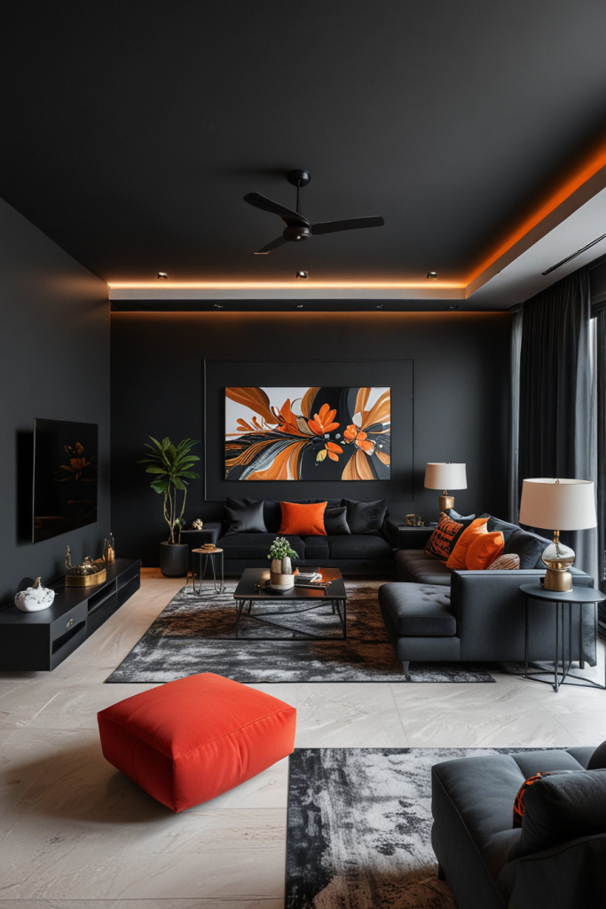 Colorful accents in black living room