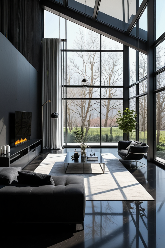Natural light in black living room