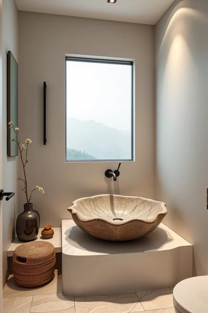 Sculptural pedestal sink in minimalist bathroom