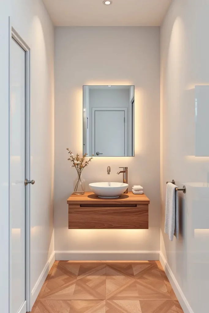 Floating vanity with underlighting in minimalist bathroom
