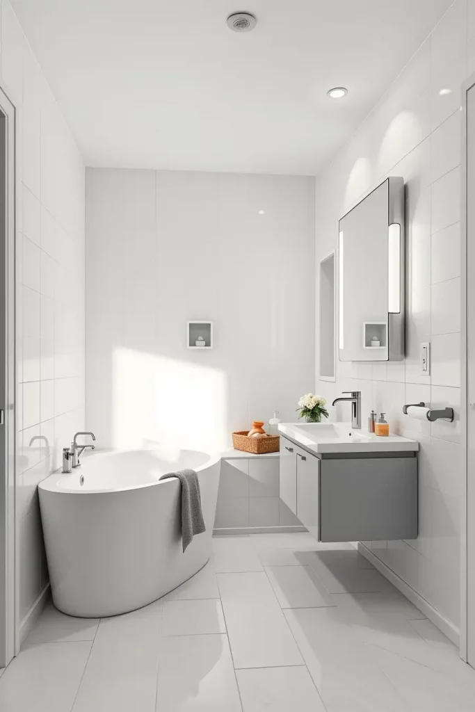 Backlit frameless mirror in minimalist bathroom