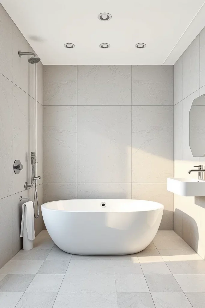 Large-format tiles in minimalist bathroom