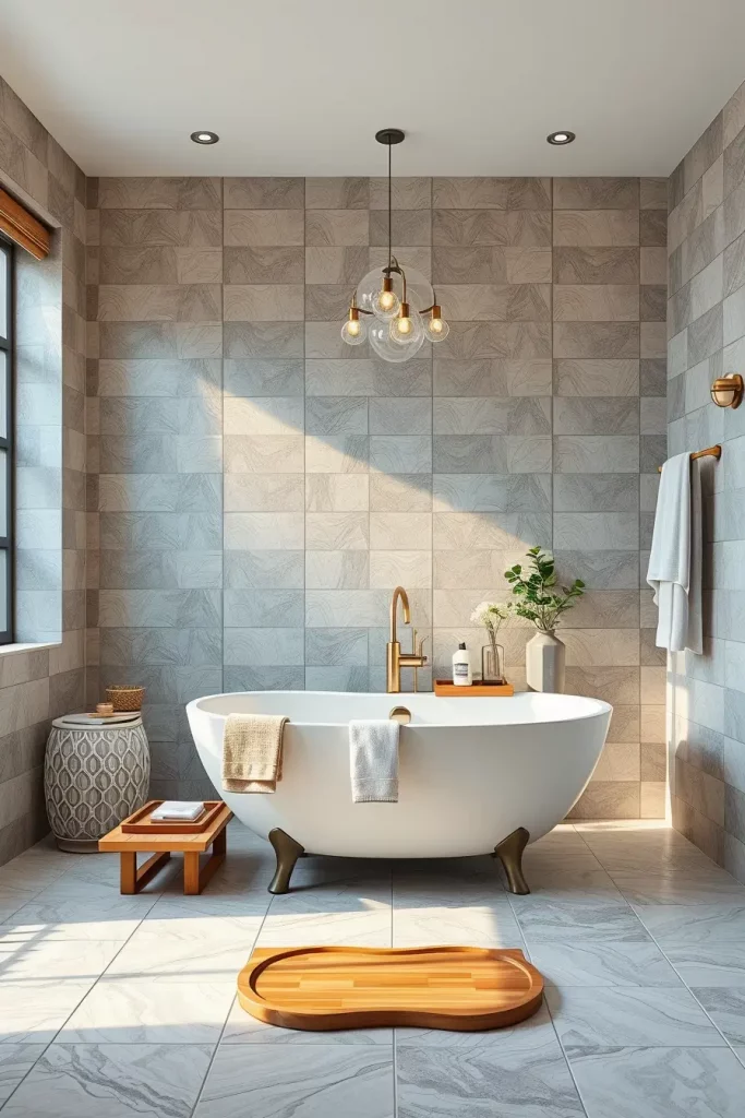 Compact freestanding tub in minimalist bathroom