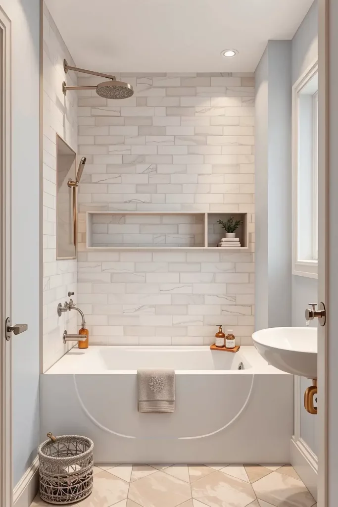 Recessed shelving in minimalist bathroom