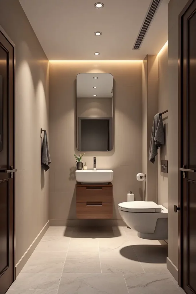 Wall-hung vanity and toilet in minimalist bathroom