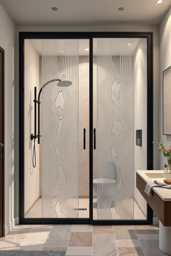 Translucent glass door in minimalist bathroom
