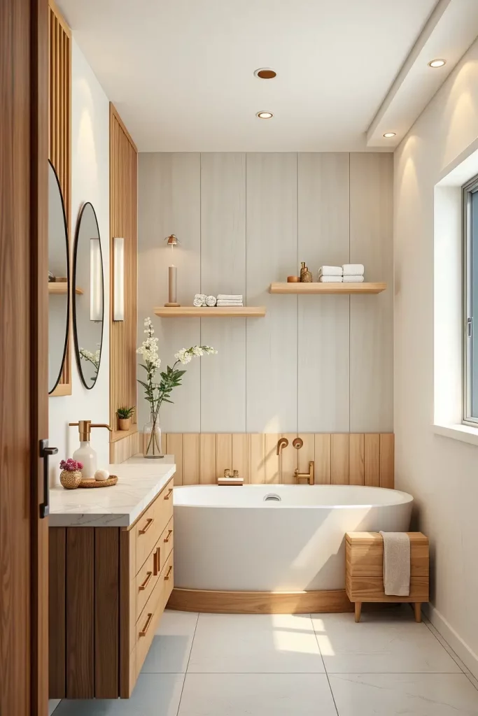 Neutral wood tones in minimalist bathroom
