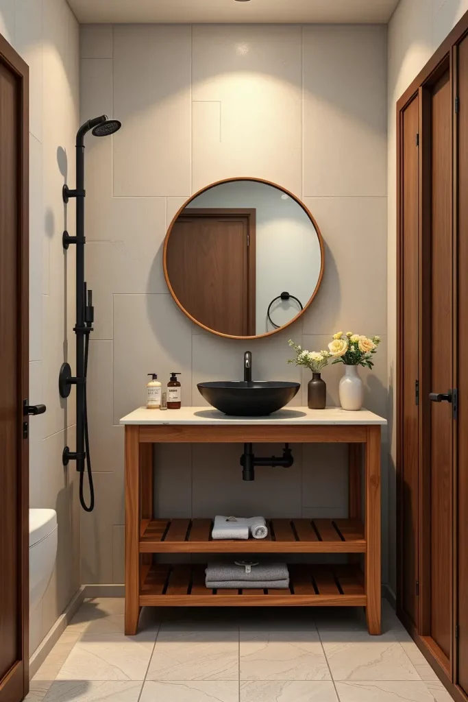 Open vanity with sculptural sink