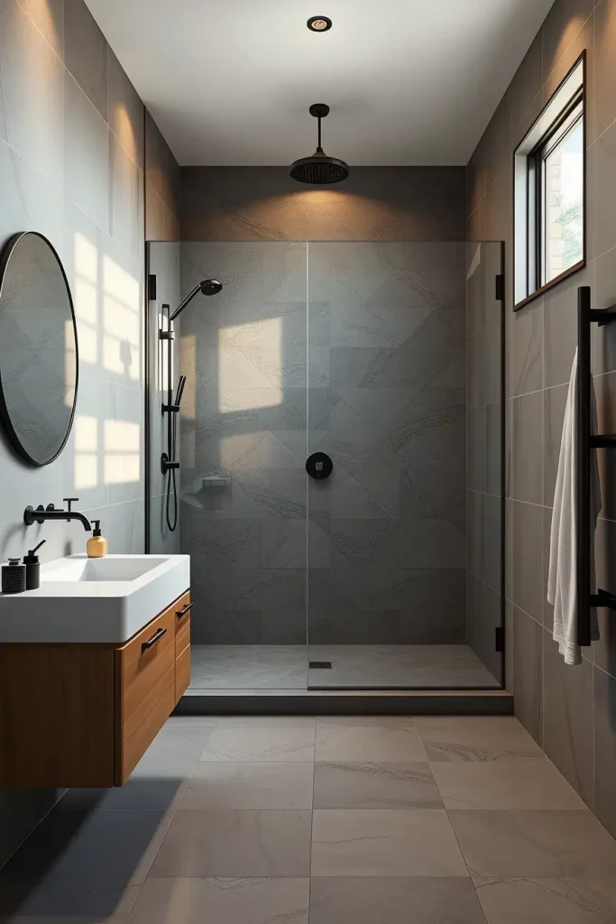 Linear drain in minimalist shower