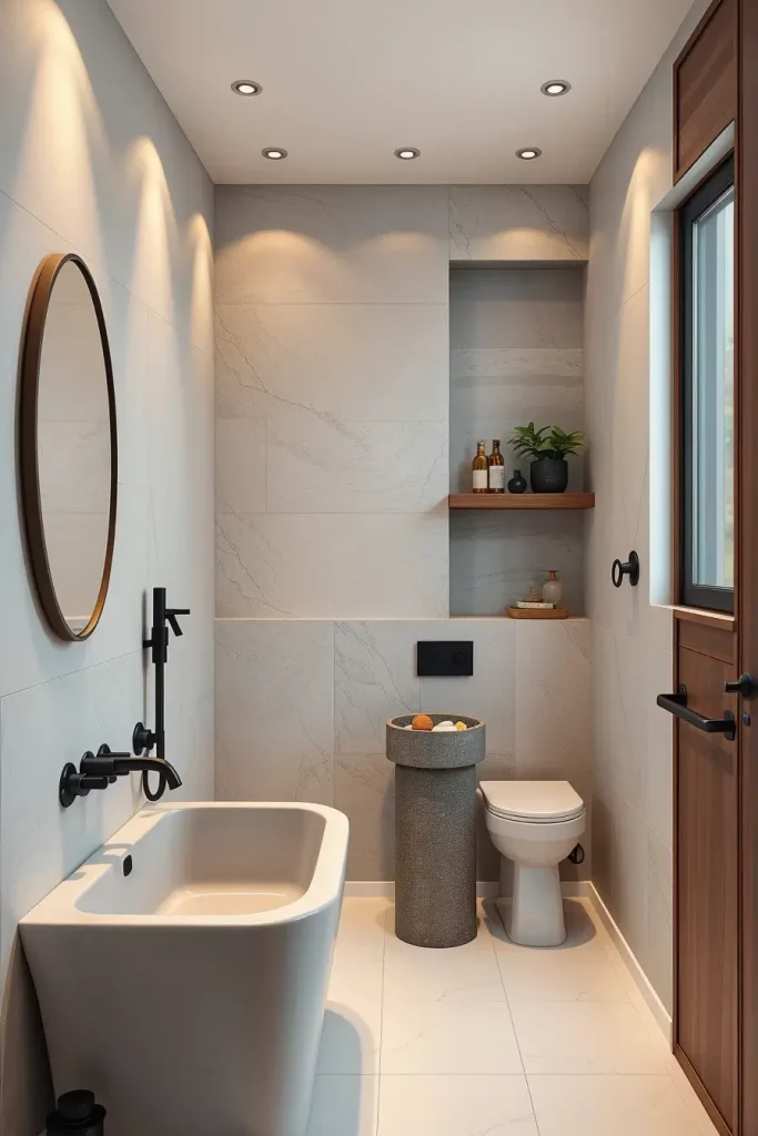 Concrete accents in minimalist bathroom