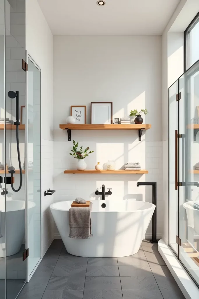 Floating shelves in minimalist bathroom