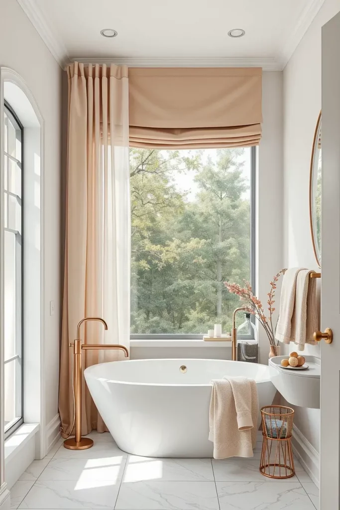 Sheer window treatments in minimalist bathroom