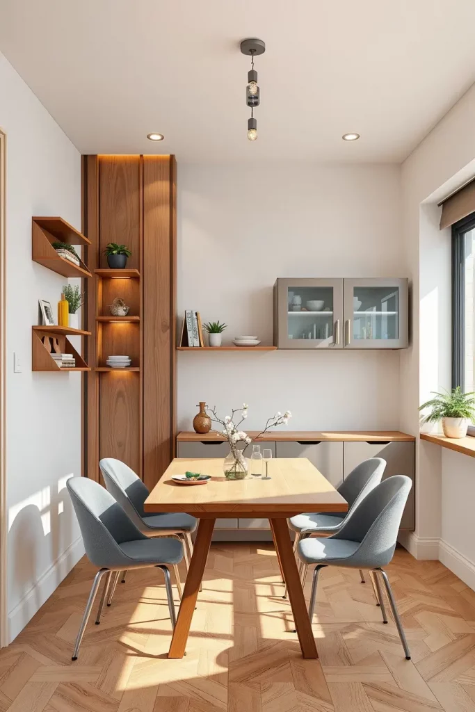 Modern vertical shelving in dining area