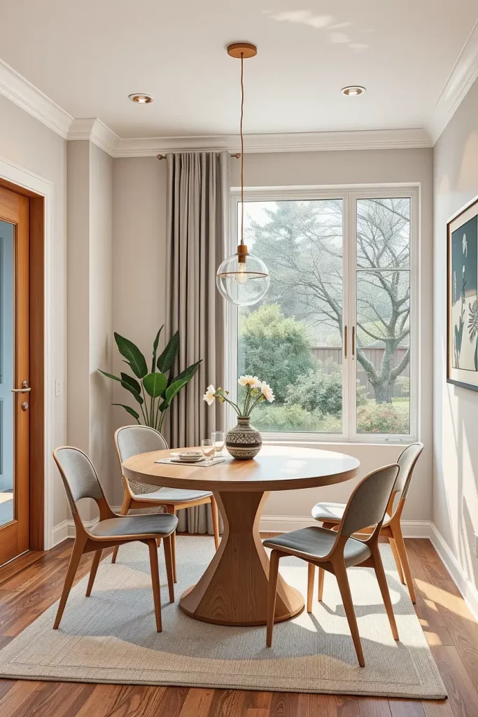 Round dining table in compact room