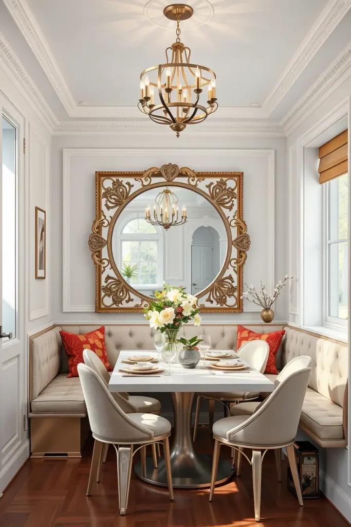 Mirror behind banquette seating