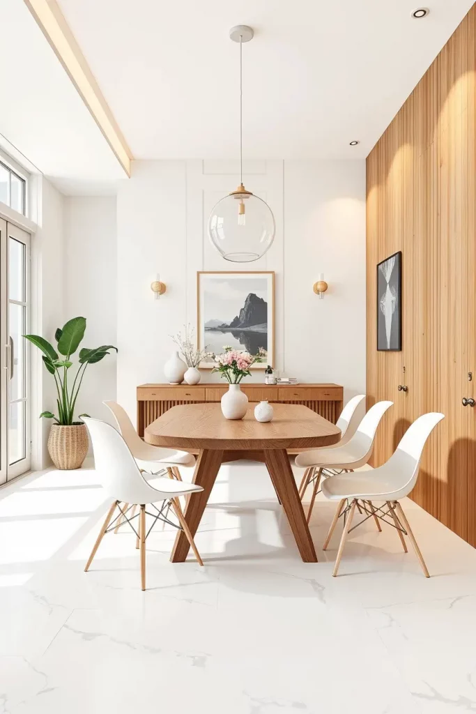 Stackable chairs in minimalist dining area