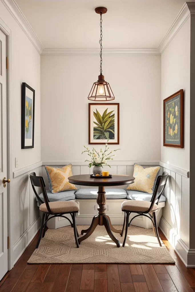 Corner dining nook with round table