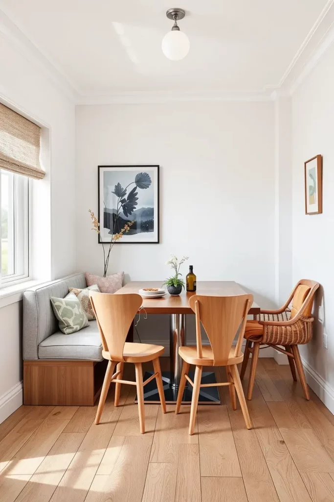 Slim bench and chairs in dining room