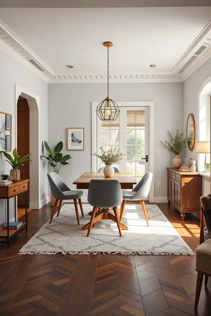 Light patterned rug in dining area