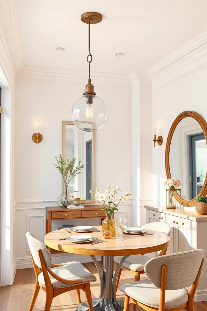 Layered lighting in dining area