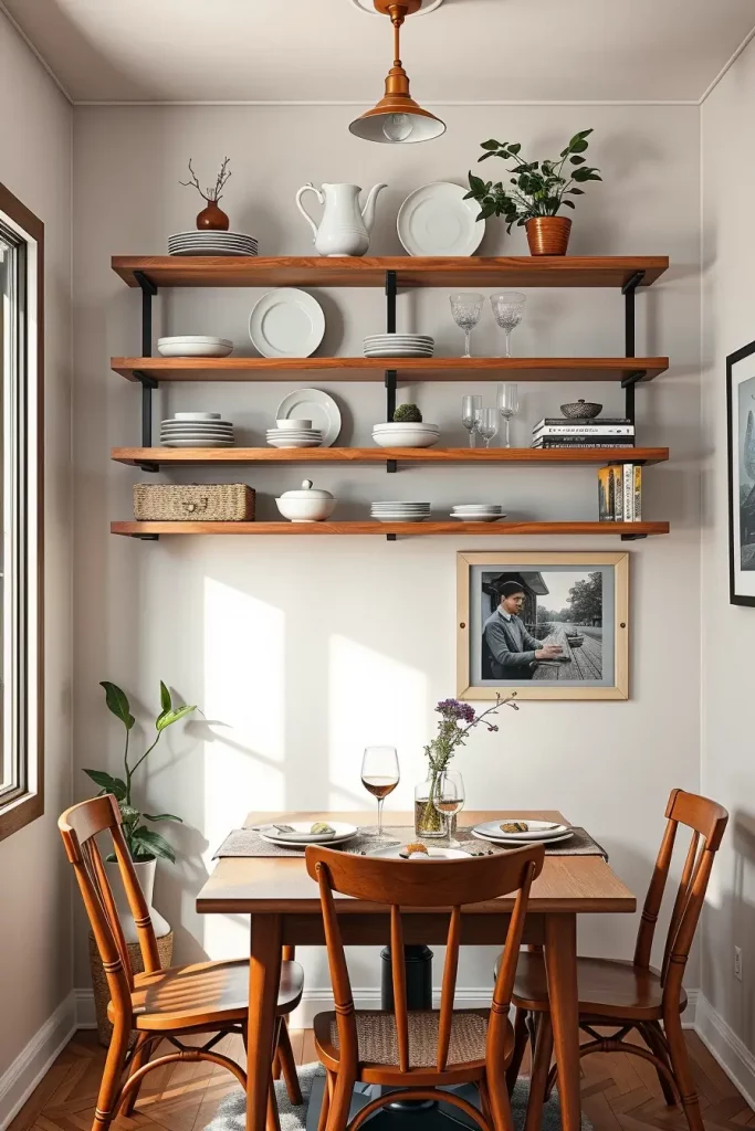 Floating shelves above dining table