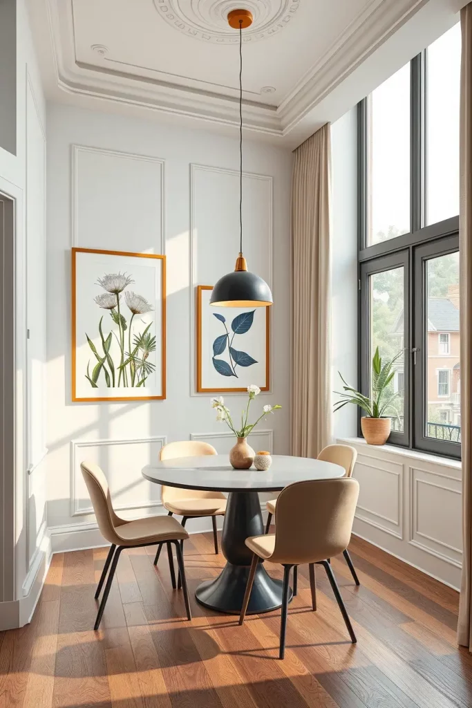 Dining room with vertical art and pendant light