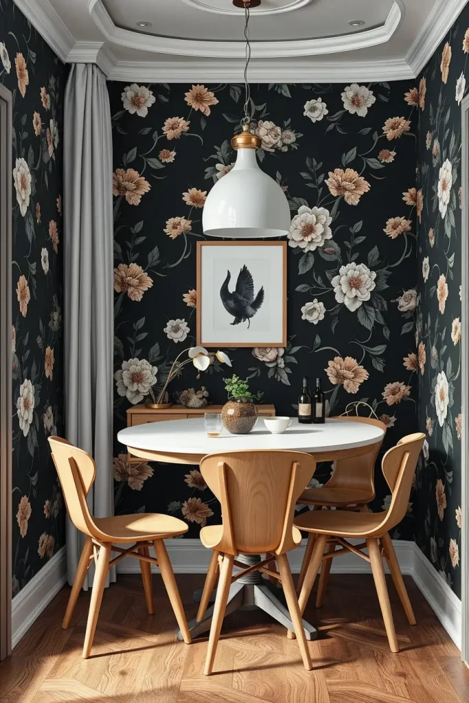 Bold wallpaper in dining room