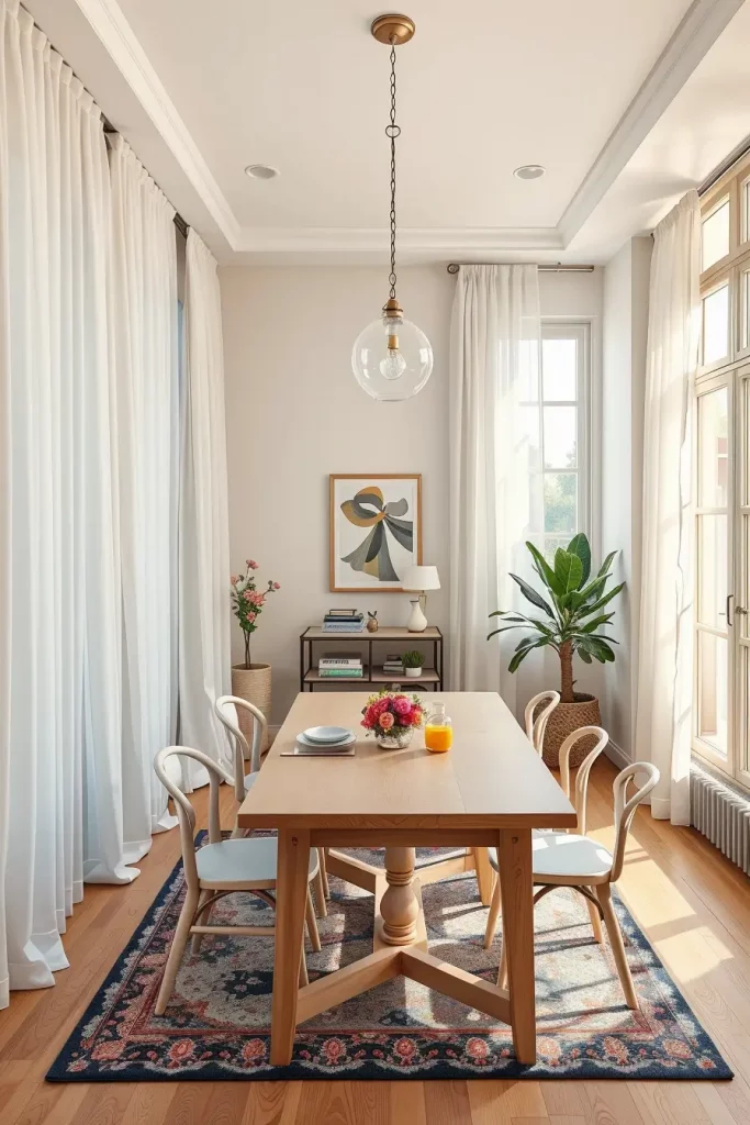 Light-filled dining room with sheer curtains