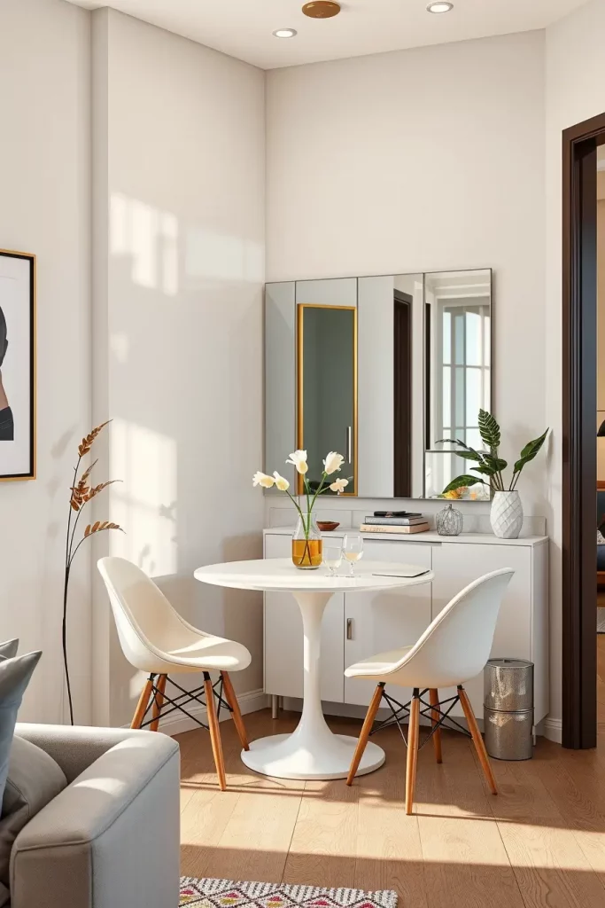 Mirror backsplash in dining nook