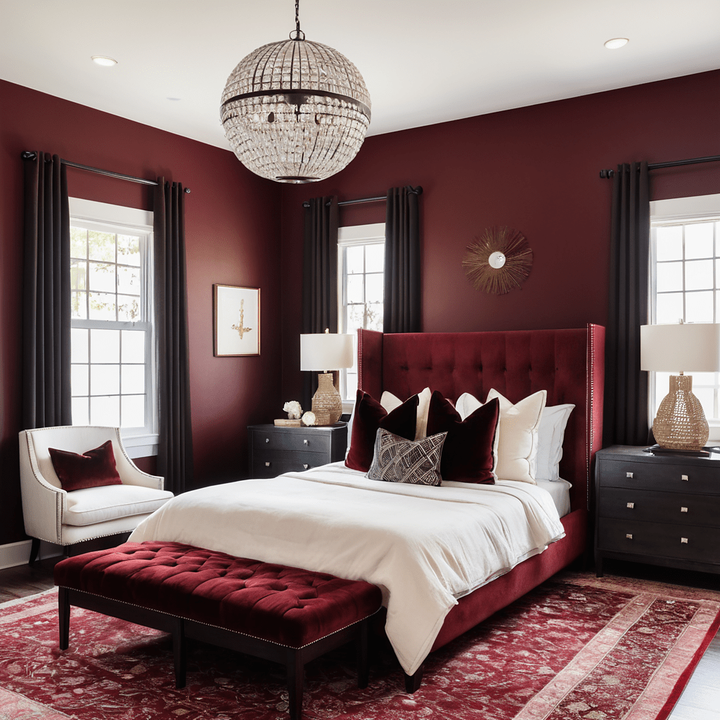 Cozy bedroom with dark red walls and velvet accents