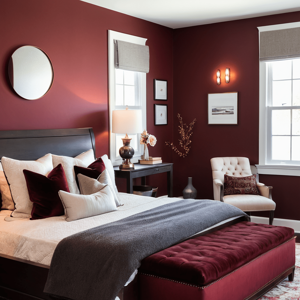 Warm bedroom with dark wood furniture and red accents