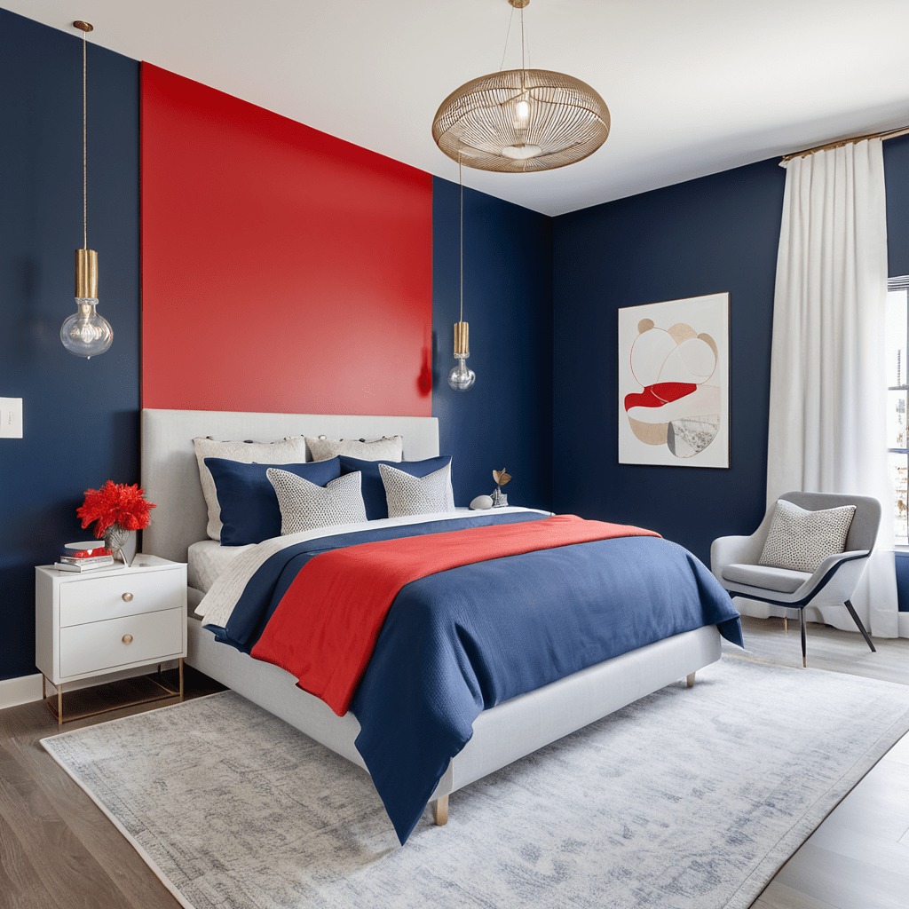 Bedroom with red accent wall and blue furniture