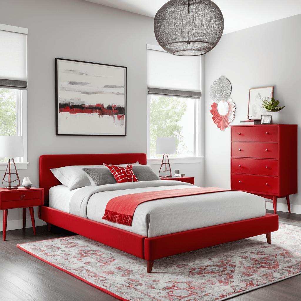 Modern bedroom with red wood furniture and neutral walls