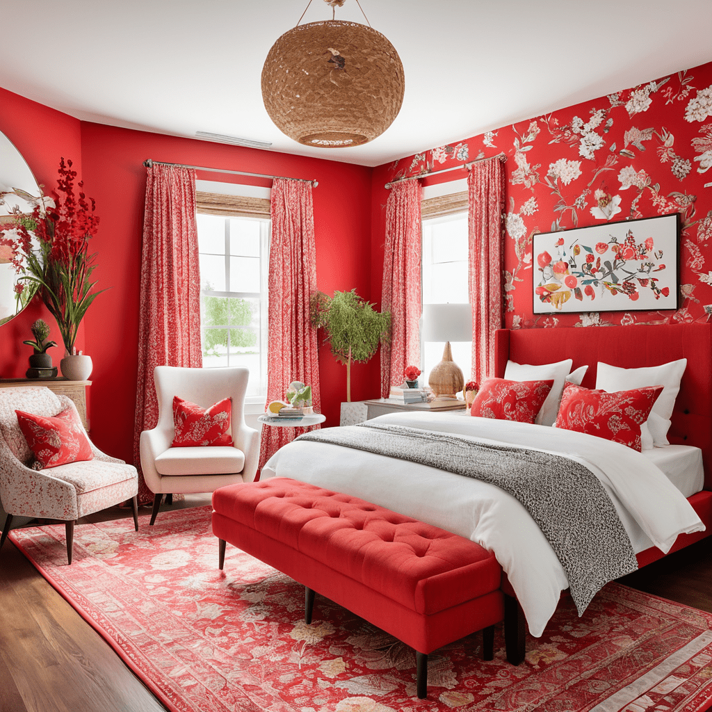 Vintage bedroom with red floral patterns and antique furniture