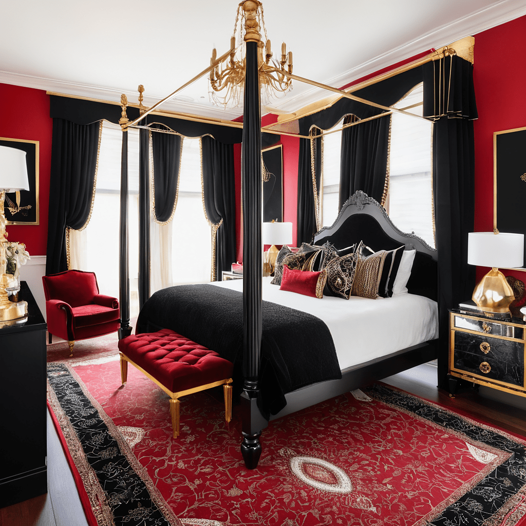 Elegant bedroom with black and red decor