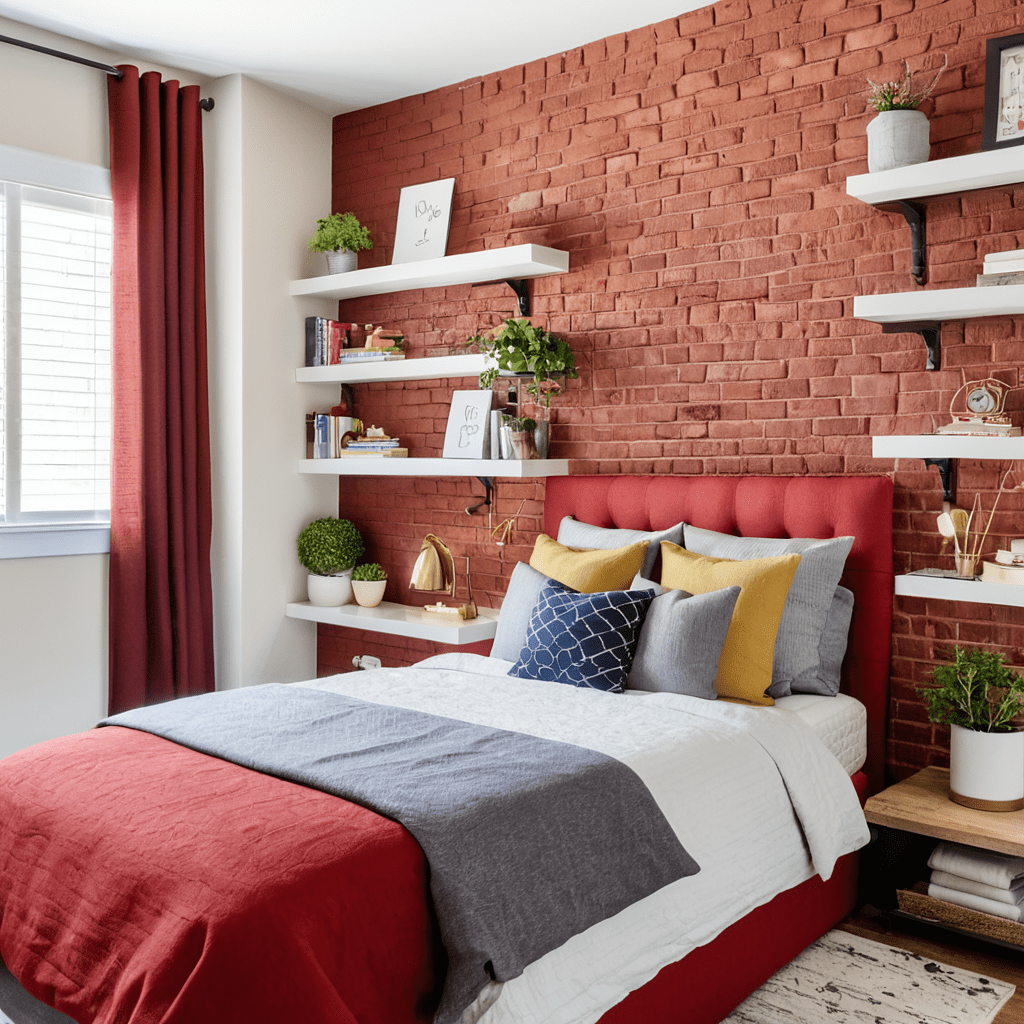 DIY red bedroom with custom headboard and wall art