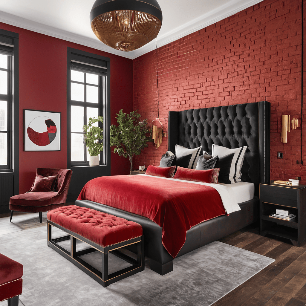 Red bedroom featuring velvet and wood textures