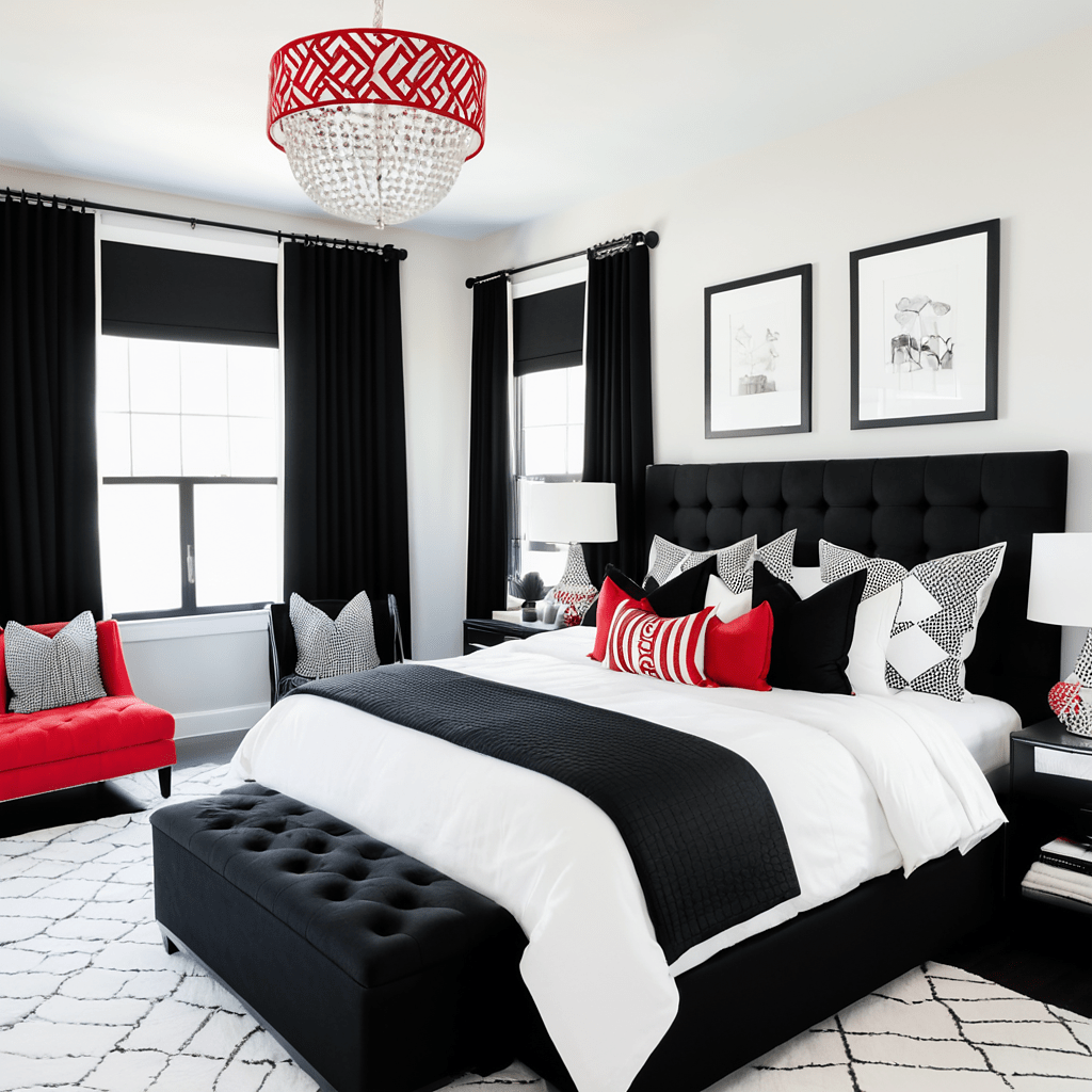 Chic black and white bedroom with red accents