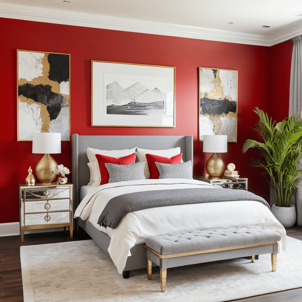 Bedroom with bold red walls and metallic accents