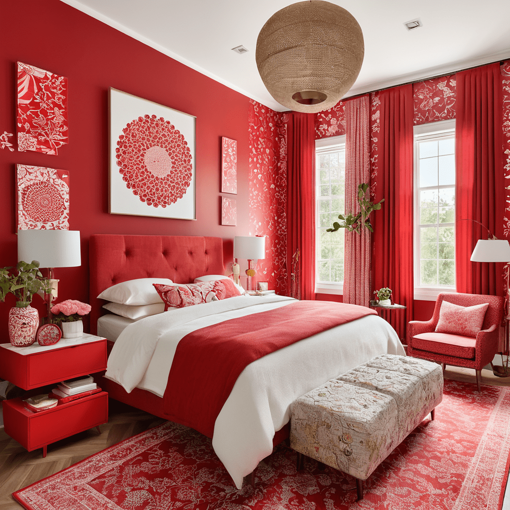 Minimalist bedroom with red accents and clean lines