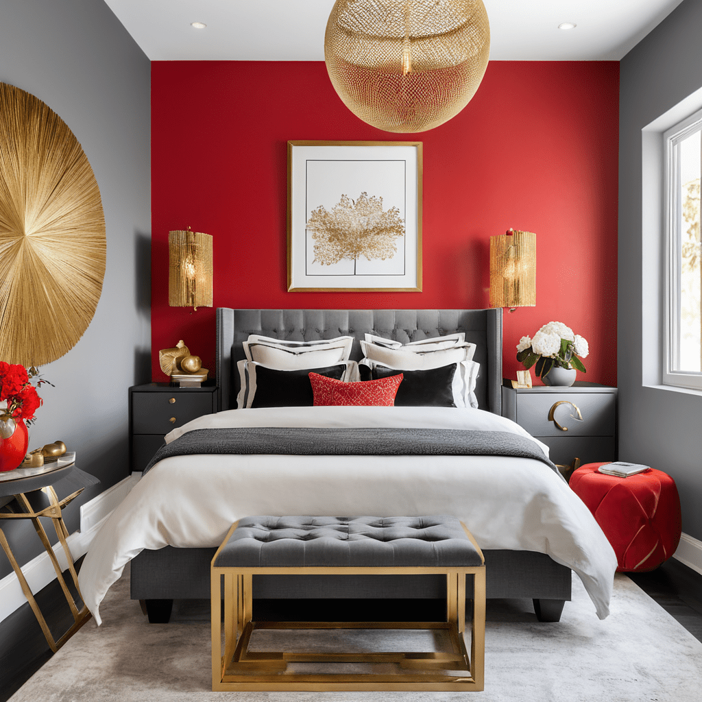 Vibrant red bedroom with neutral furniture