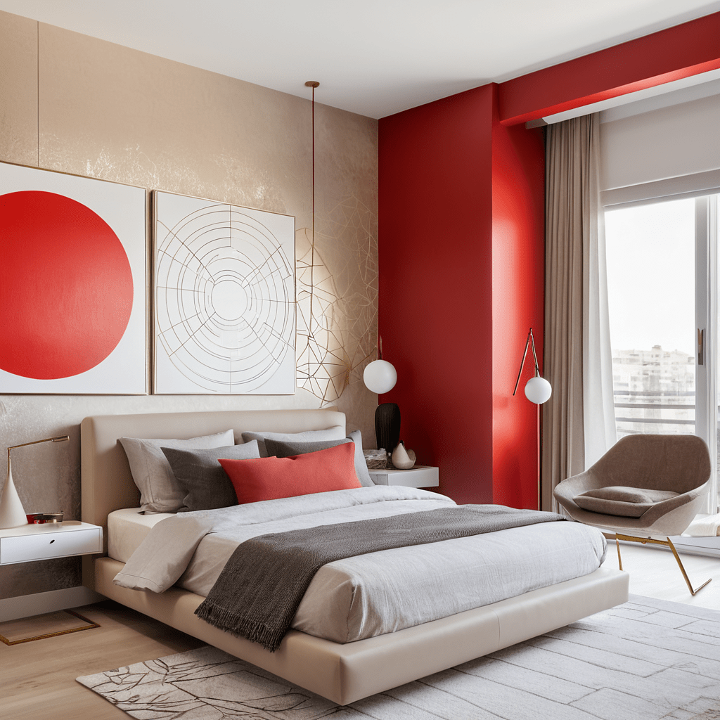 Modern bedroom with red accents and geometric decor