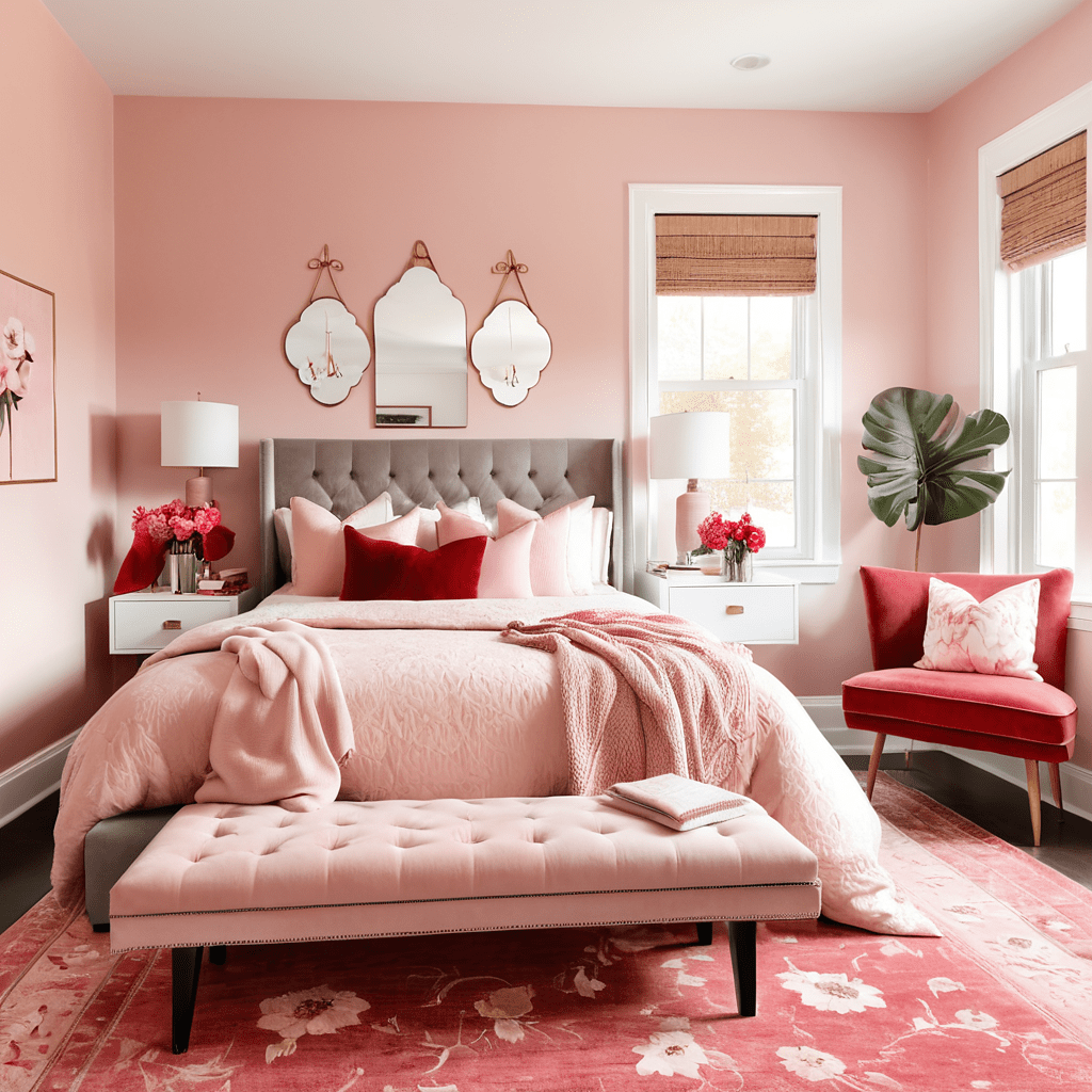 Feminine bedroom with pink and red accents