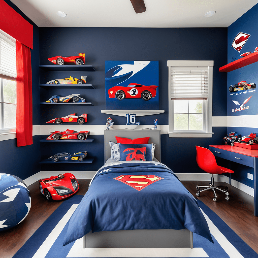 Themed red bedroom for boys with superhero decor
