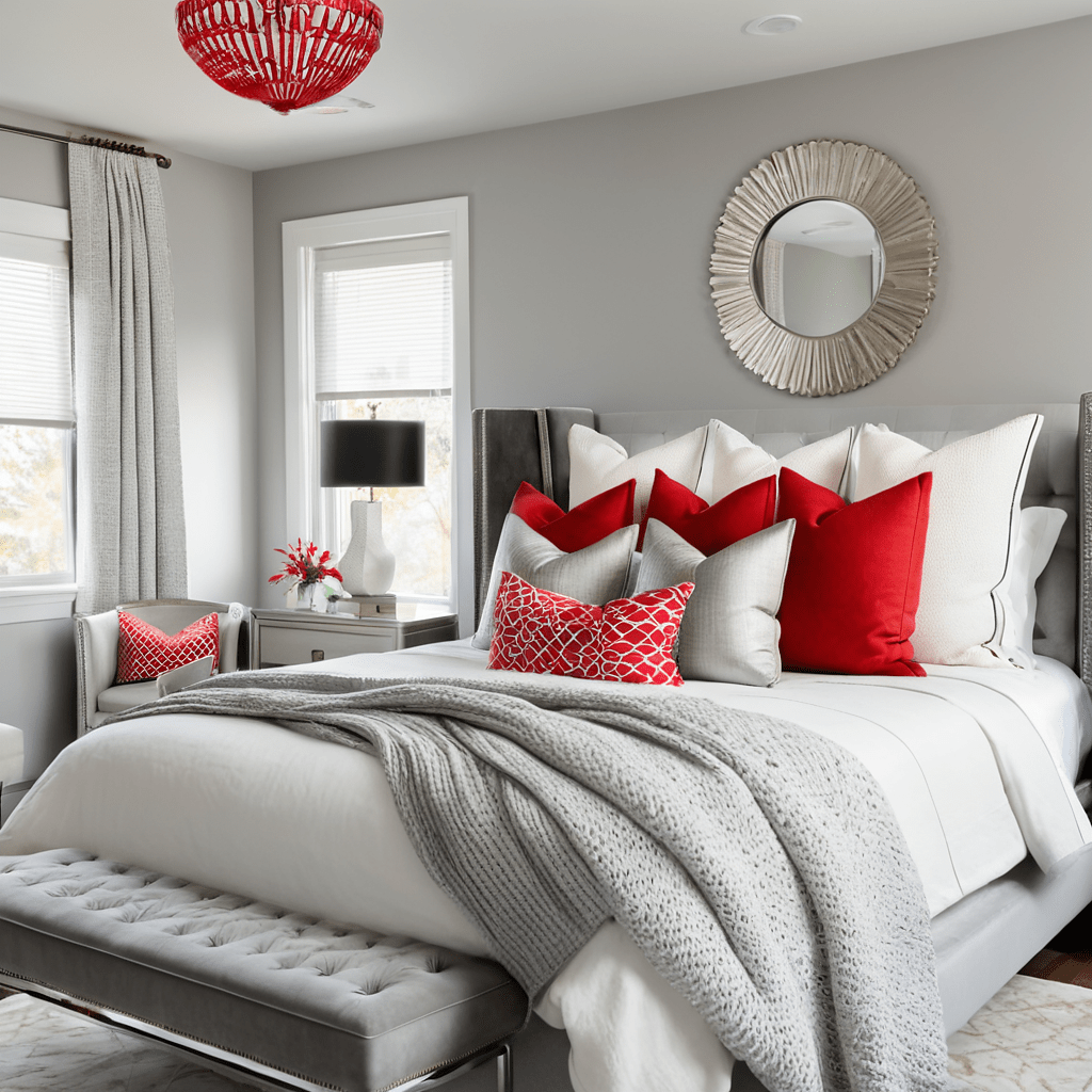 Gray and red bedroom with metallic accents