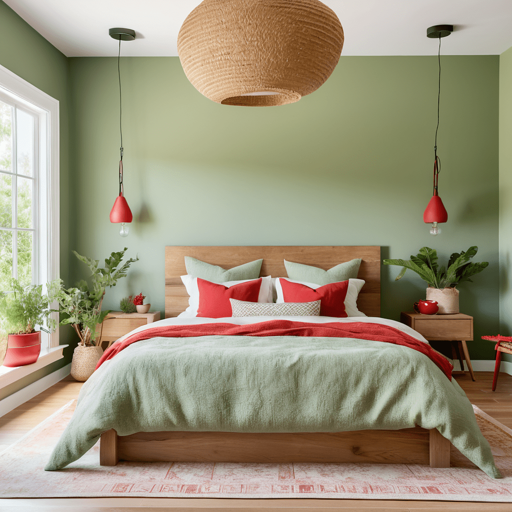 Natural bedroom with green and red decor