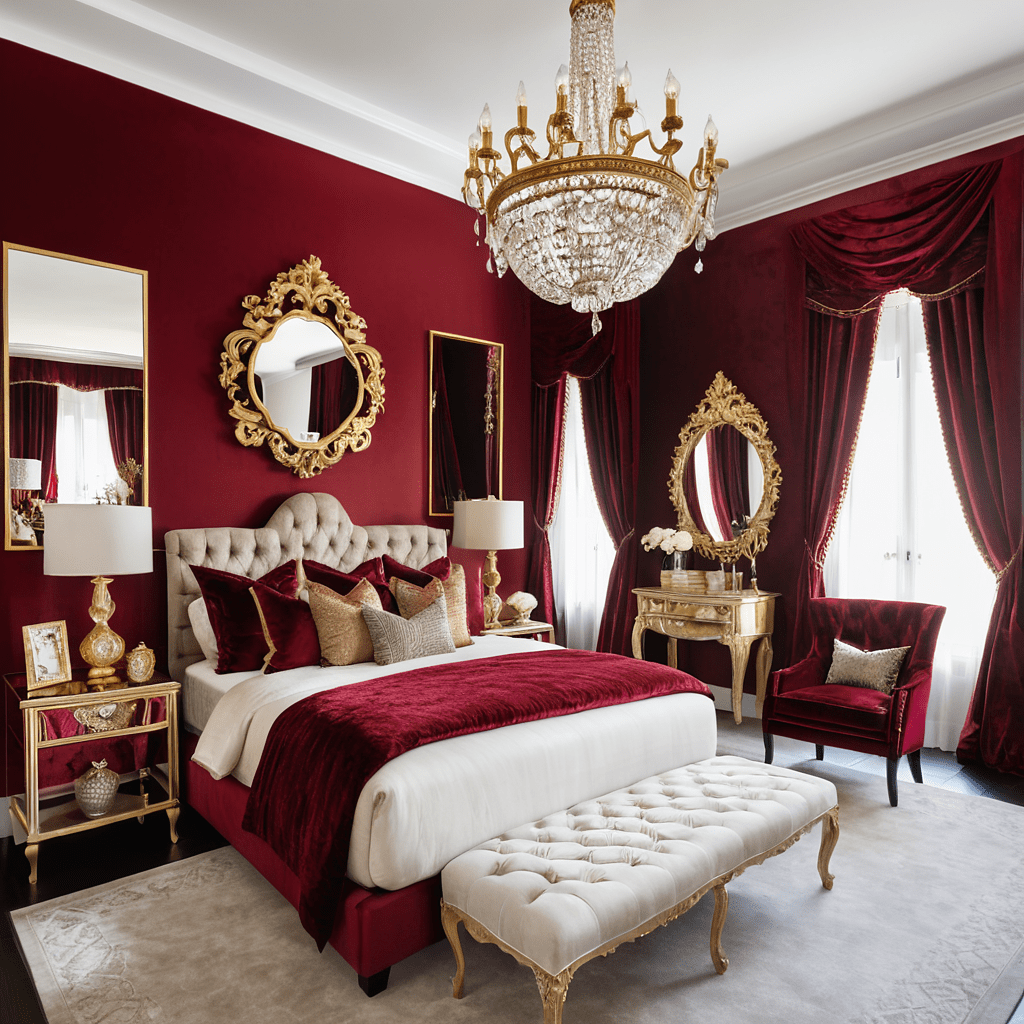 Sophisticated red bedroom with gold accents